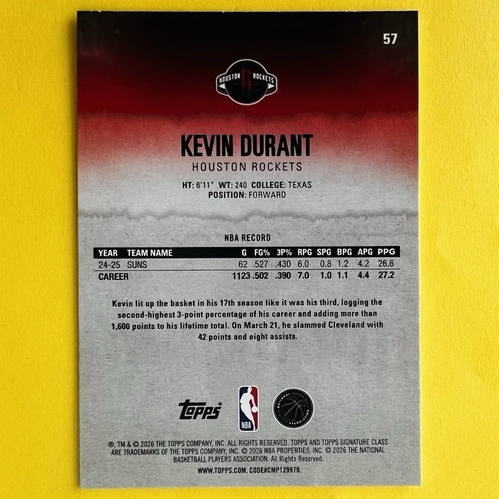 2025-26 Topps Signature Class Round 1 Pick 2 Kevin Durant #57 Rockets